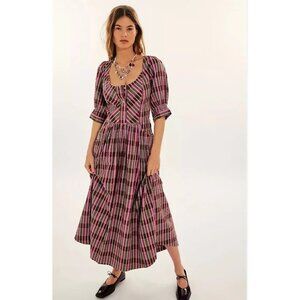 Free People Tulie Plaid Midi Dress XL 12 Women's 3/4 Sleeve Scoop Neck NEW 42052
